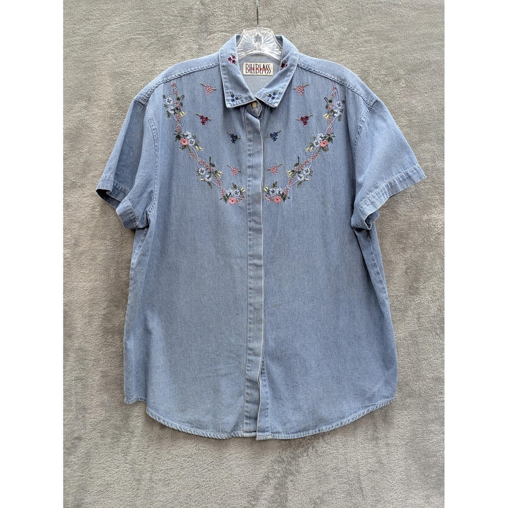 Vintage Bill Blass Jeans Shirt Womens‎ Large Blue Denim Floral Embroidered 90s
